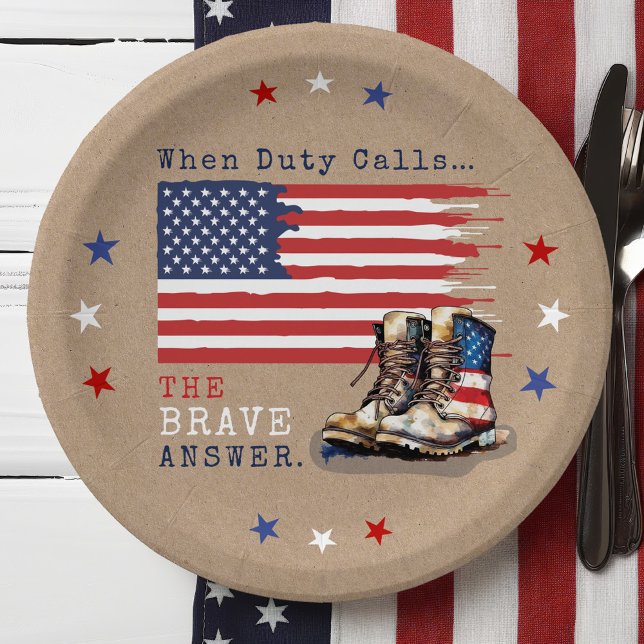Military US Flag Boots RUSTIC Going Away Party Paper Plate (Patriotic Military Party US Flag Combat Boots going away farewell party table decor paper plates)