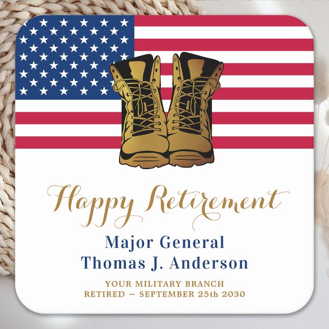 Military USA American Flag Boots Retirement Party  Square Paper Coaster (Creator Uploaded)