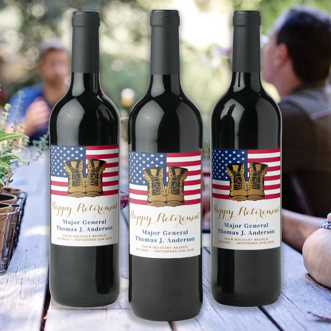 Military USA American Flag Boots Retirement Party  Wine Label (Creator Uploaded)