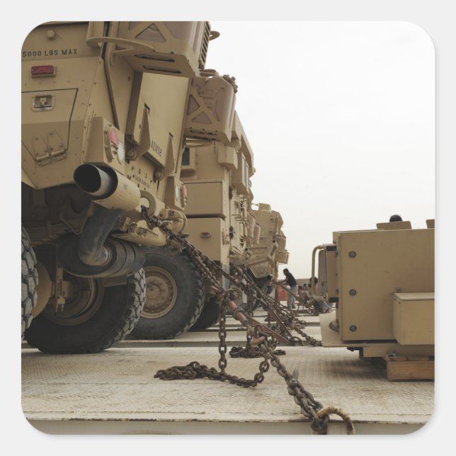 Military vehicles are locked down on semi truck square sticker (Front)