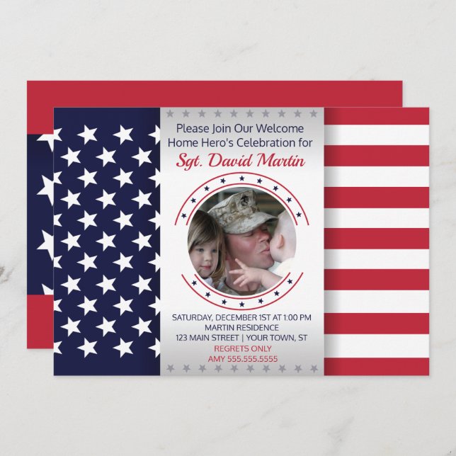 Military Welcome Home Party Flag Photo Invitation (Front/Back)