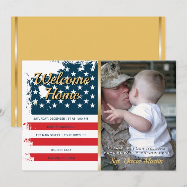 Military Welcome Home Party Flag Photo Invitation (Front/Back)
