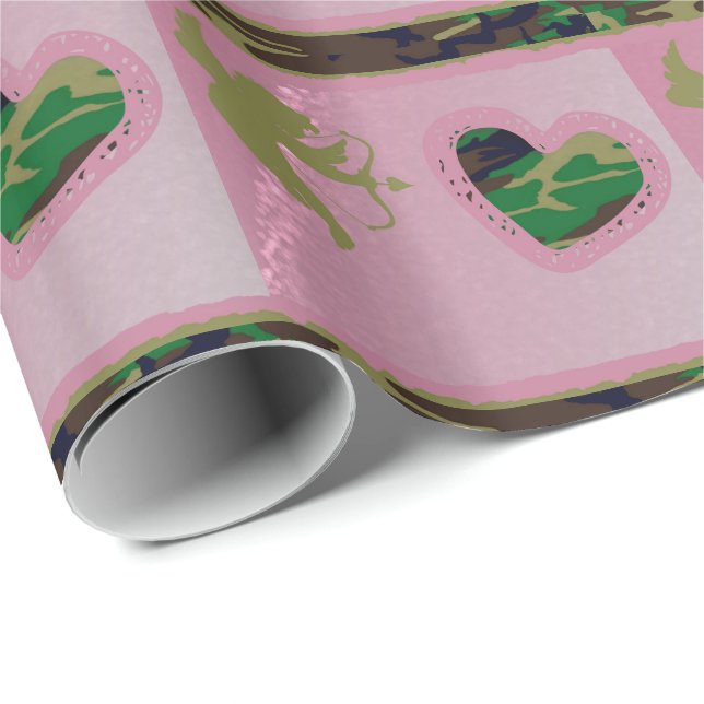 Military Woodland Camo Hearts Valentine Wrapping Paper (Roll Corner)