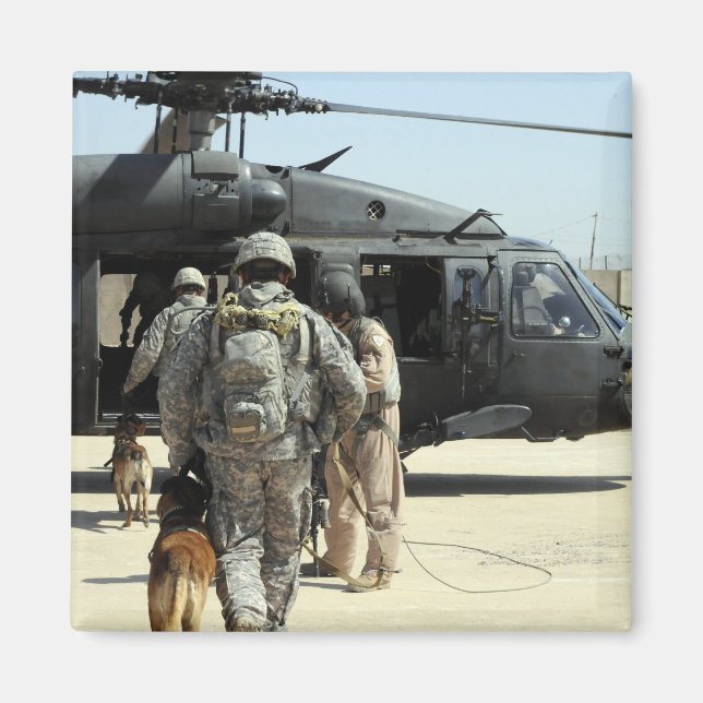 Military working dog handlers board a helicopte magnet (Front)