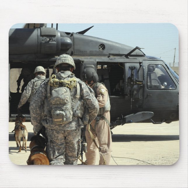 Military working dog handlers board a helicopte mouse pad (Front)