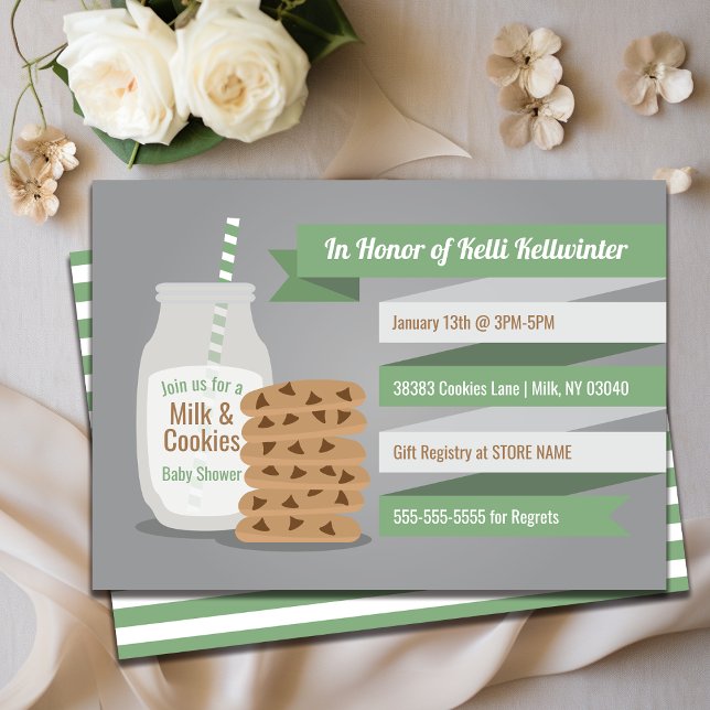 Milk and Cookies Baby Shower Modern Green Stripe Invitation (Milk and Cookies Baby Shower Modern Green Stripe Invitation)