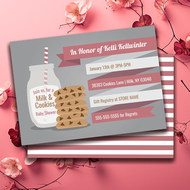 Milk and Cookies Baby Shower – Pink Striped Party  Invitation (Milk and Cookies Baby Shower – Pink Striped Party Invitation)