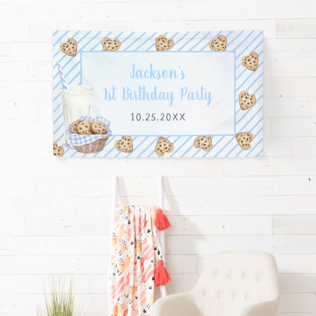 Milk and Cookies Blue 1st Birthday Party Banner (Insitu)