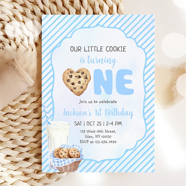 Milk and Cookies Blue 1st Birthday Party Invitation (Creator Uploaded)