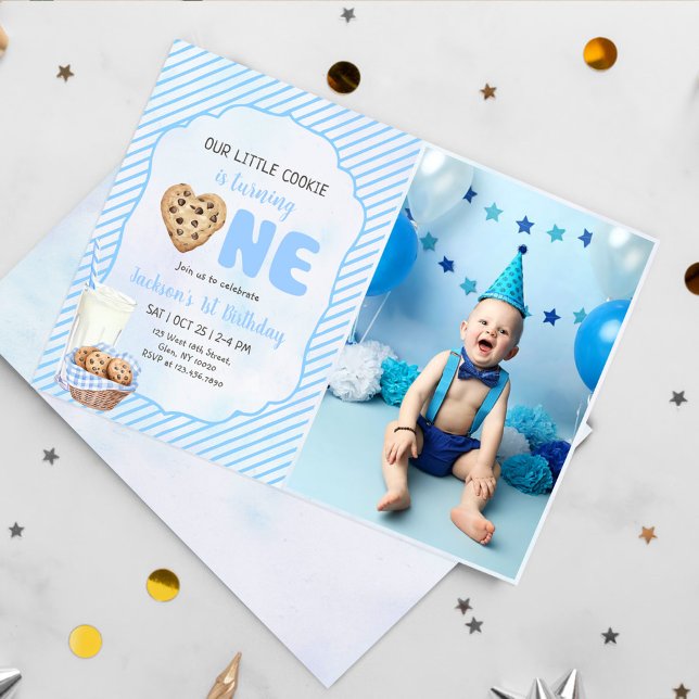 Milk and Cookies Blue 1st Birthday Party Photo Invitation (Creator Uploaded)