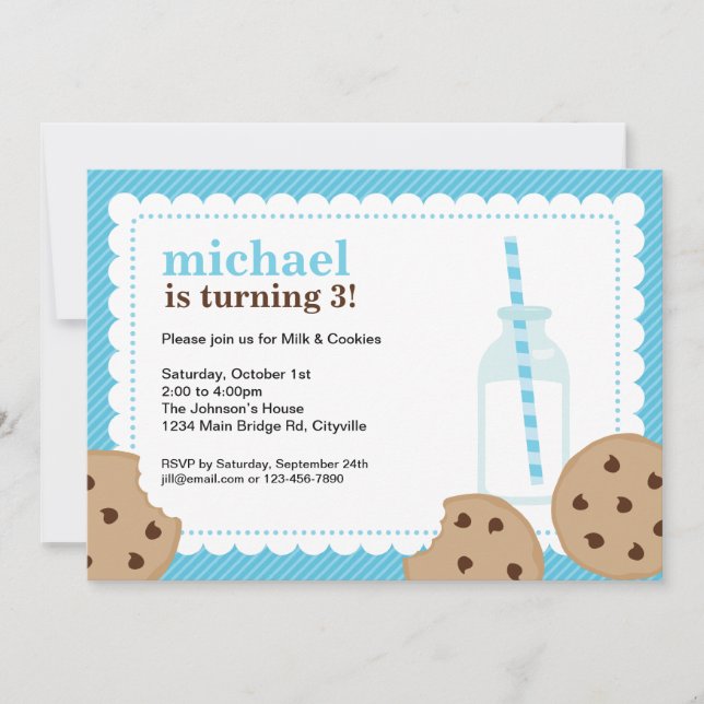 Milk and Cookies Blue and Brown Invite (Front)