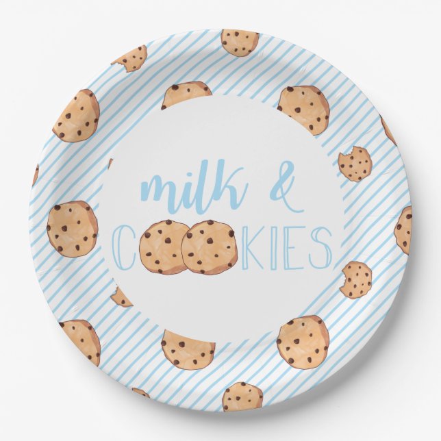 Milk and Cookies blue Birthday Party Paper Plate (Front)