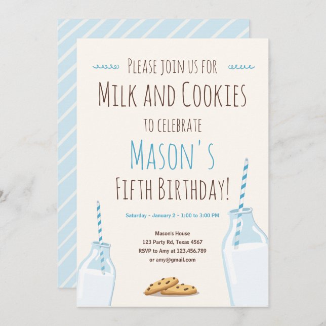Milk and Cookies Blue Boy Birthday Party Invitation (Front/Back)