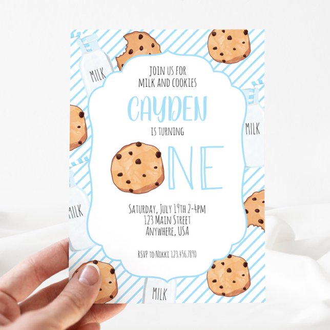 Milk and Cookies blue boy first Birthday Invitation (Creator Uploaded)