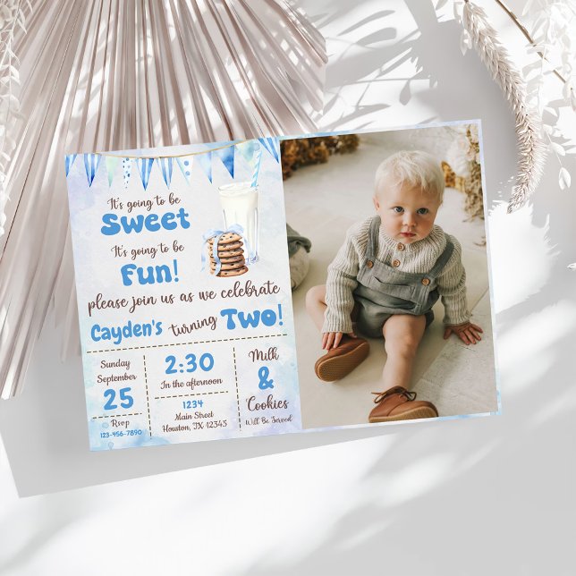 Milk And Cookies Boy 2nd Birthday Party Photo Invitation (Creator Uploaded)
