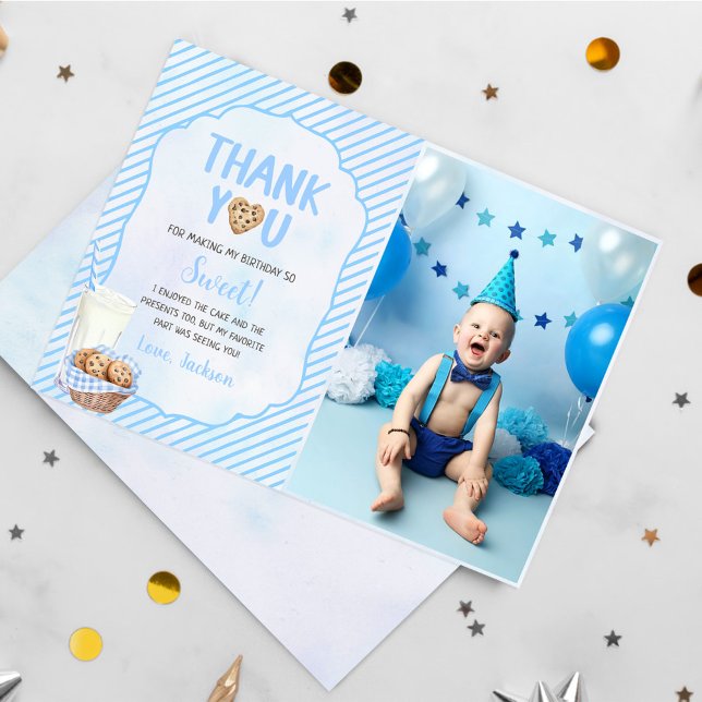 Milk And Cookies Boy Birthday Photo Thank You Card (Creator Uploaded)