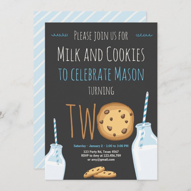 Milk and Cookies Boy Blue Second Birthday Invitation (Front/Back)