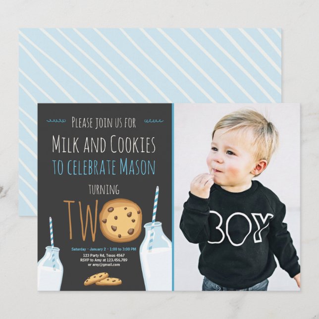 Milk and Cookies Boy Blue Second Birthday Invitation (Front/Back)