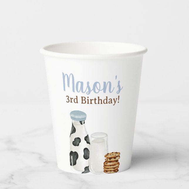 Milk and Cookies cow print Blue Birthday party  Paper Cups (Front)