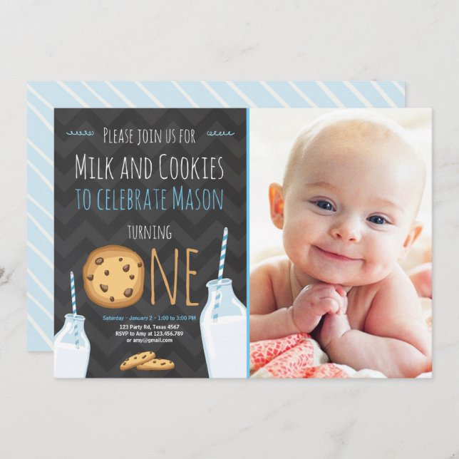 Milk and Cookies First Birthday Invitation Boy (Front/Back)