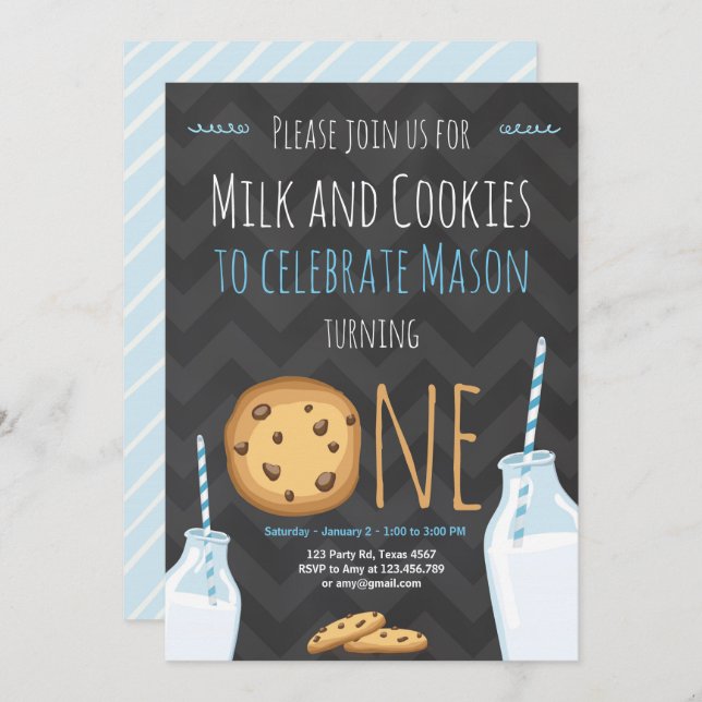 Milk and Cookies First Birthday Invitation Boy (Front/Back)