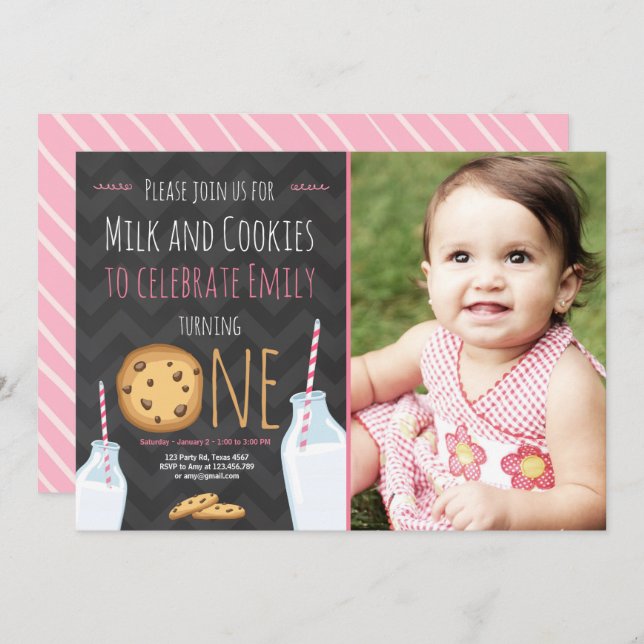 Milk and Cookies First Birthday Invitation Girl (Front/Back)