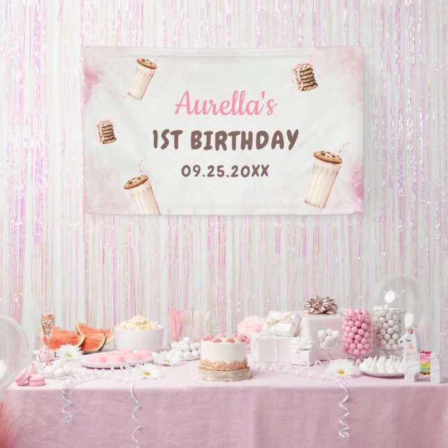 Milk and Cookies Girl First Birthday Party Banner (Party)