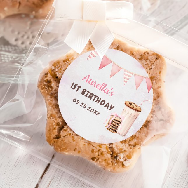 Milk And Cookies Girl First Birthday Party Classic Round Sticker (Creator Uploaded)