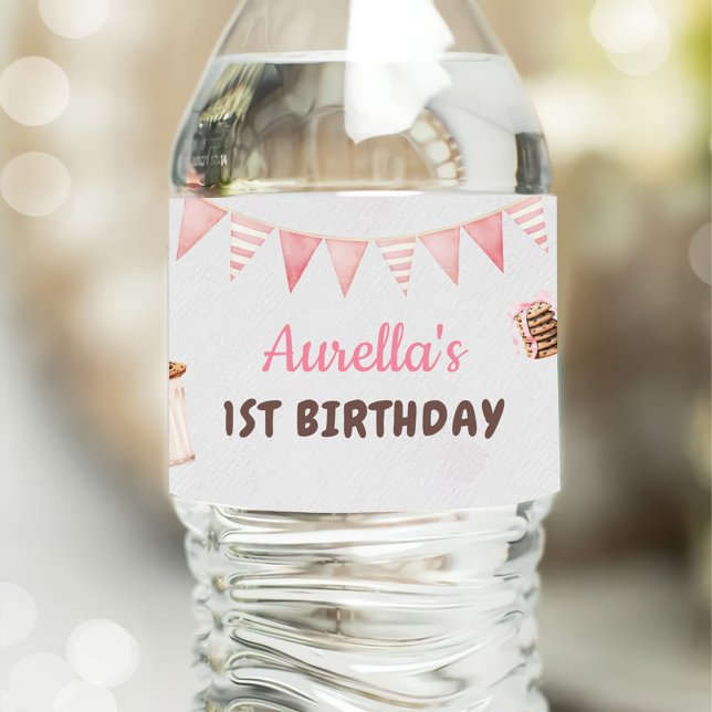 Milk and Cookies Girl First Birthday Party Water Bottle Label (Creator Uploaded)