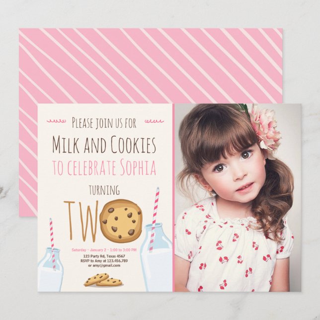 Milk and Cookies Girl Pink Second Birthday Invitation (Front/Back)