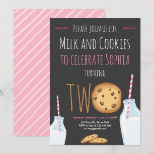 Milk and Cookies Girl Pink Second Birthday Invitation