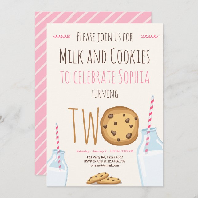 Milk and Cookies Girl Pink Second Birthday Invitation (Front/Back)