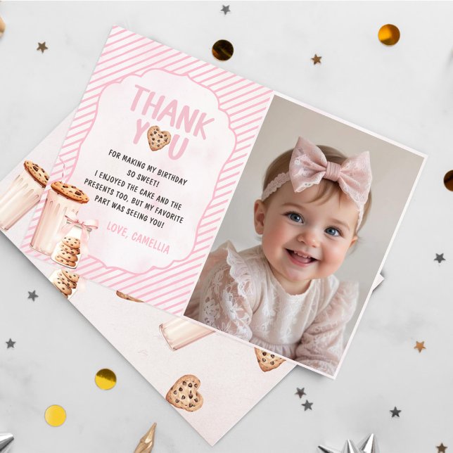 Milk and Cookies Pink Birthday Photo Thank You Card (Creator Uploaded)