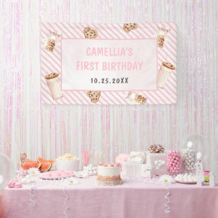 Milk and Cookies Pink First Birthday Party Banner