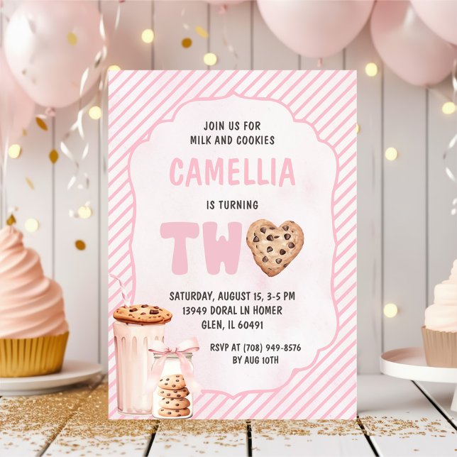 Milk and Cookies Pink Second Birthday Party Invitation (Creator Uploaded)