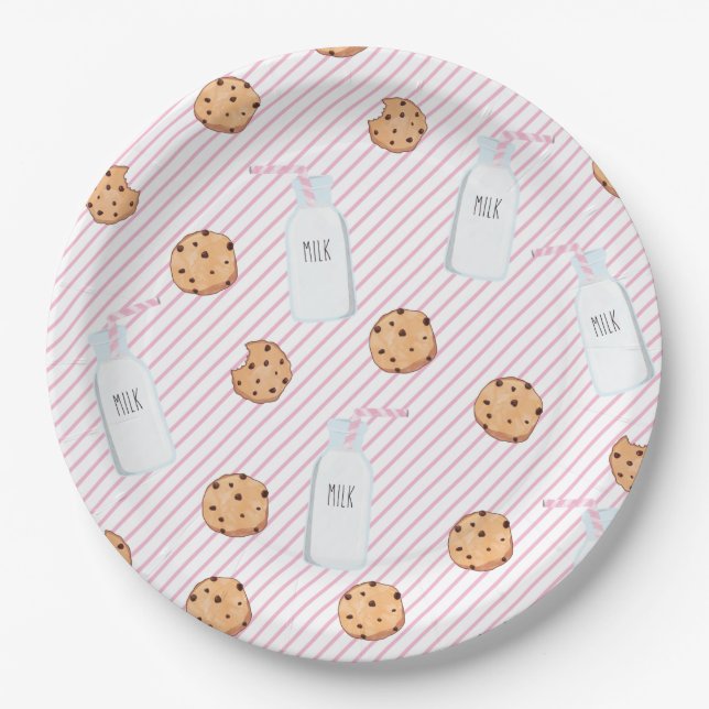 Milk and Cookies Pink stripes Birthday Party Paper Plate (Front)