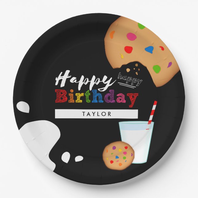 Milk and Cookies Rainbow Happy Birthday Paper Plate (Front)