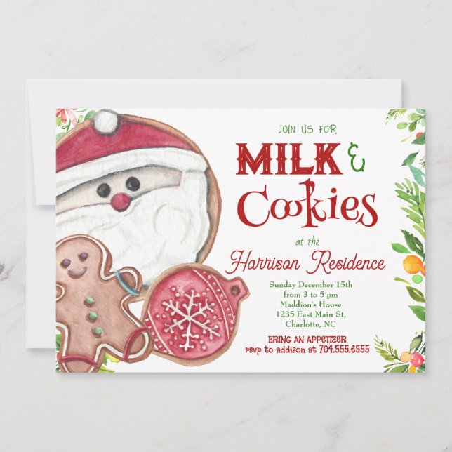 Milk and cookies with santa Christmas Party Invite (Front)
