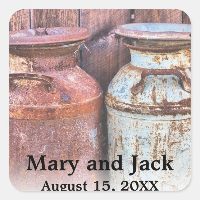 Milk Cans Country Wedding Rustic Old Farm Budget Square Sticker (Front)