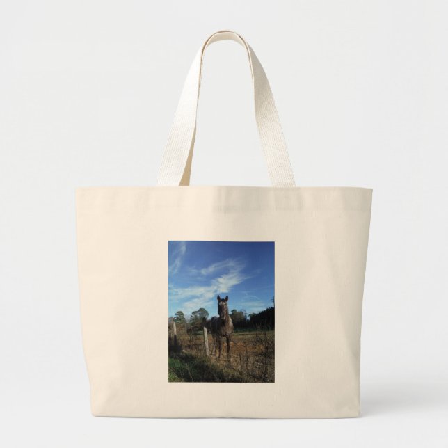Milk Chocolate Brown Horse in Blue Large Tote Bag (Front)