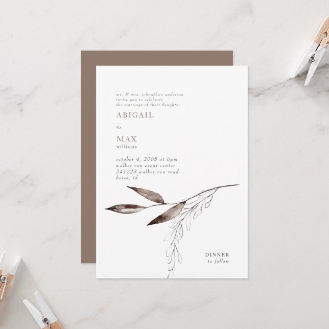 Milk Chocolate Modern Foliage Wedding  Invitation (Front/Back In Situ)
