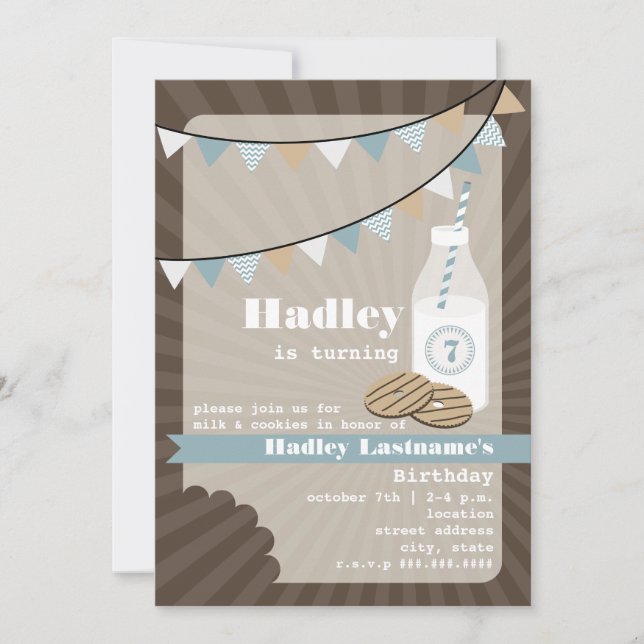 Milk & Cookies Birthday - Fudge Striped & Blue Invitation (Front)