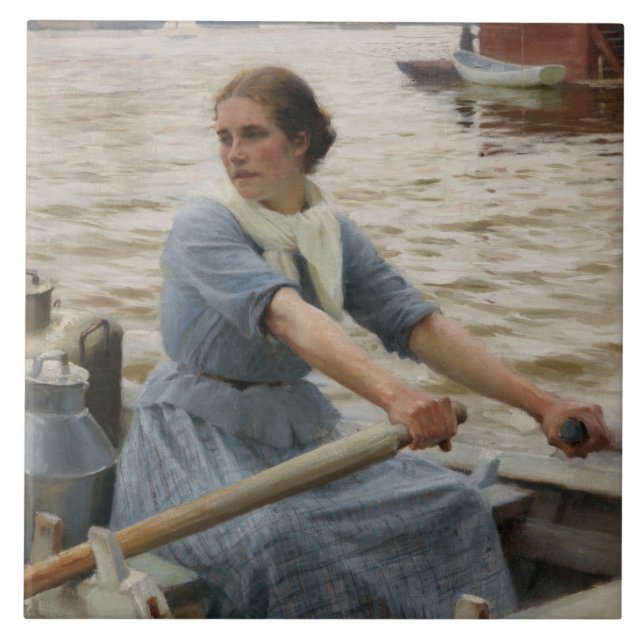Milk Maid on a Rowing Boat (by Albert Edelfelt) Ceramic Tile (Front)