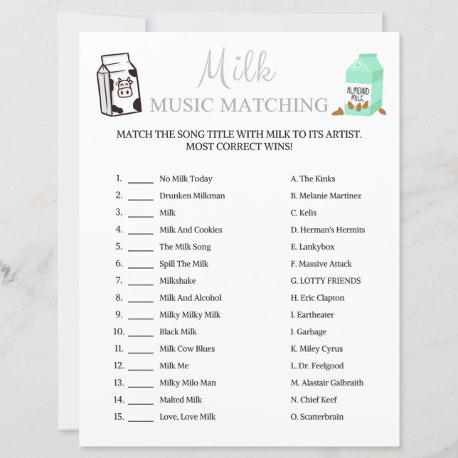 Milk Music Matching Game (Front)