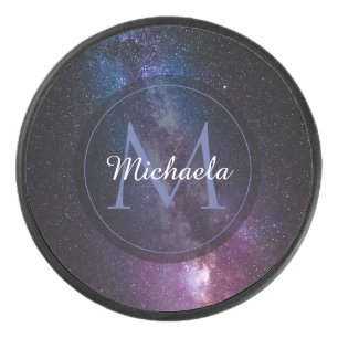 Milky way bright colors personalizable monogram hockey puck