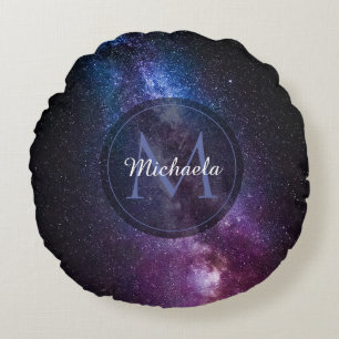 Milky way bright colours personalizable monogram round cushion