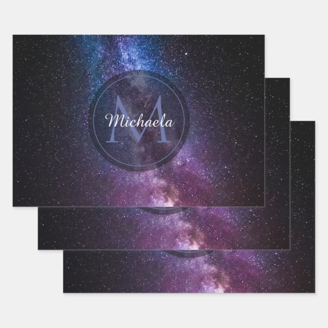Milky way bright colours personalizable monogram wrapping paper sheet (Set)