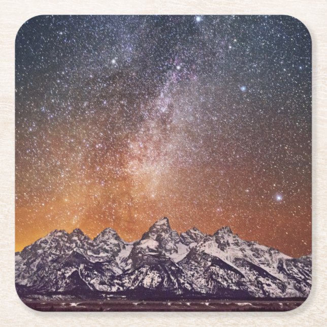 Milky Way over Grand Teton Square Paper Coaster (Front)
