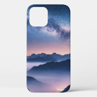 Milky Way over mountains in fog at night in summer iPhone 12 Case