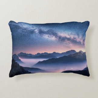 Milky Way over mountains in fog at night in summer Decorative Cushion